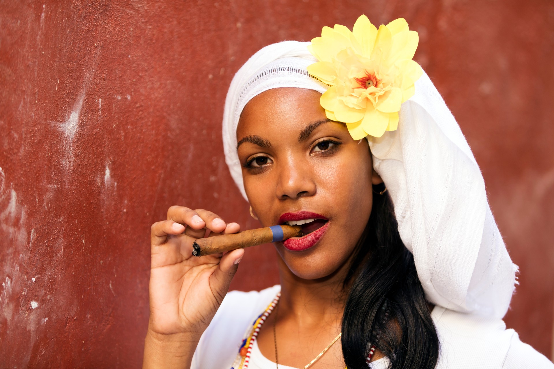 Portrait of Young Beautiful Woman With Cigar, Havana, Cuba